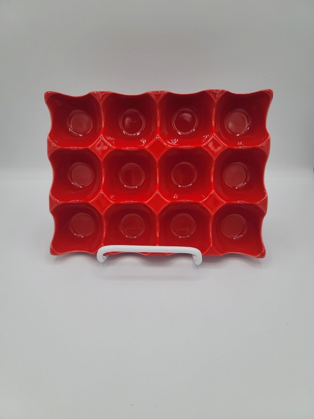 Sur La Table Red Ceramic Egg Holder Tray 12 Slot Countertop Egg Carton Style